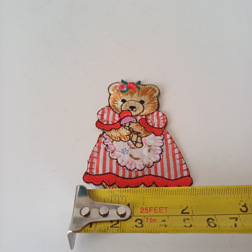 Lovely Vintage Teddy Bear Girl with Striped Dress Sew On Patch 3" x 2" - Picture 4 of 4